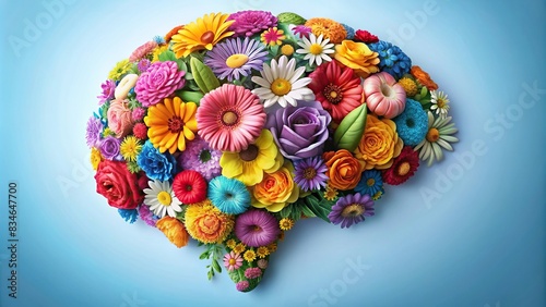 Human brain with spring colorful flowers for World Mental Health day banner, mental health, self care, happiness, harmony, positive thinking, creative mind, spring, flowers, brain, colorful photo