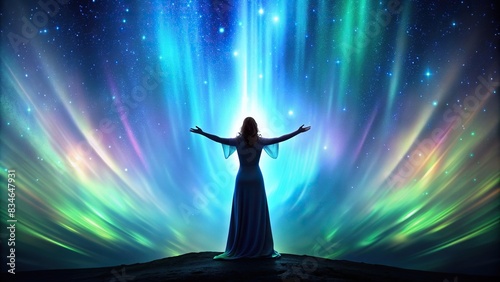 Silhouette of a spiritual figure in a flowing dress with outstretched arms against a sky of aurora lights   spirituality  astral body  heaven  peaceful  ethereal  glow  divine  celestial