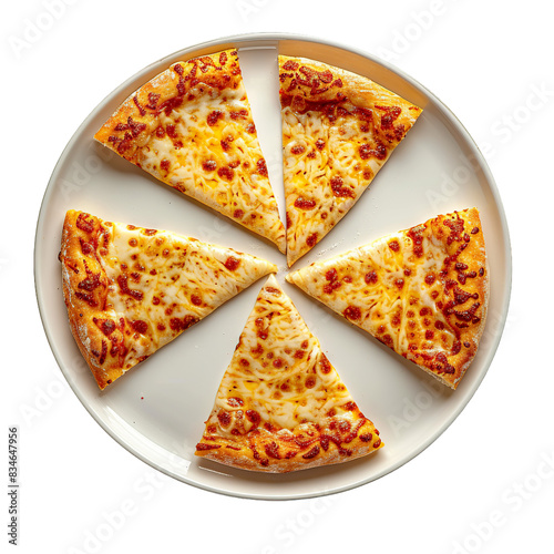Cheese pizza slices arranged in a circle on a white plate, top view, well-cooked with golden brown cheese

 photo