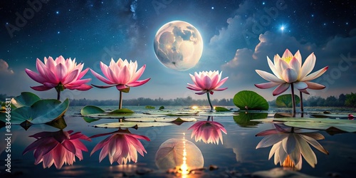 Lotus flowers blooming in a pond with a full moon reflected in the water   Buddha Purnima  blooming  lotus flowers  pond  full moon  reflection  water  serene  peaceful  spirituality  nature