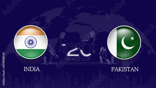  India vs pakistan flag, world map and building skyline use for t20 cricket world cup template banner design.