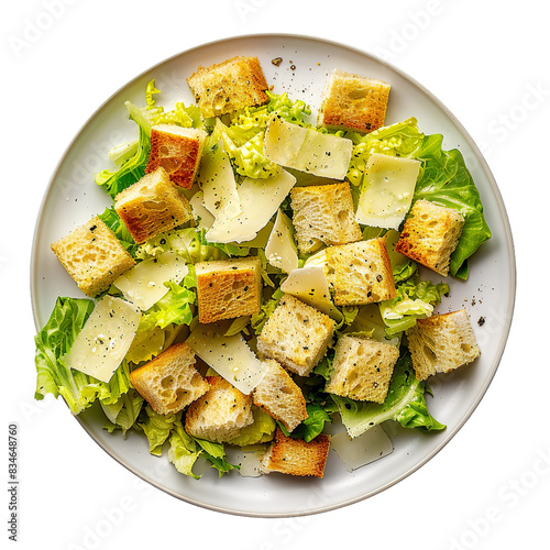 Caesar salad with crispy croutons and shaved parmesan cheese on a white plate, top view

 photo