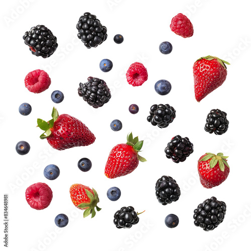 Assorted berries including strawberries, raspberries, blackberries, and blueberries on white background, top view.

 photo