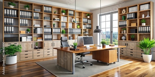 Professional modern office space with a large desk, computer, and shelves filled with files and books , office, workspace, desk, computer, shelves, files, books, modern, professional photo