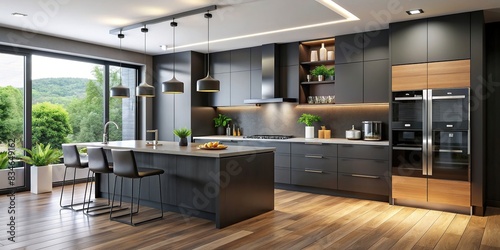 Modern kitchen interior with sleek black cabinets, countertops, and appliances , black, modern, kitchen, interior, sleek, cabinets, countertops, appliances, contemporary, design