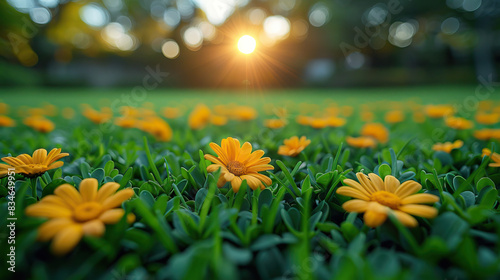 Field of yellow wildflowers swaying gently in the summer breeze at sunset photo