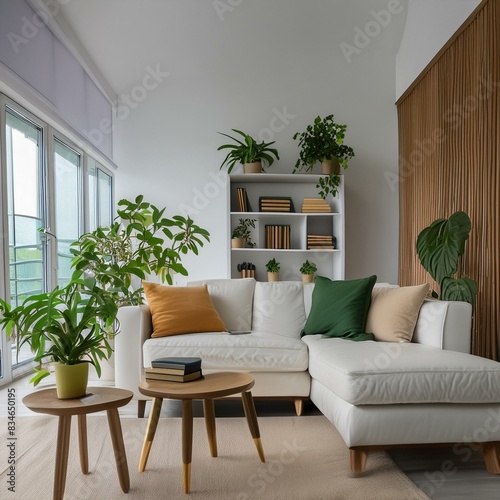 modern living room, white sofa, bookshelf, plants Ai generative 
