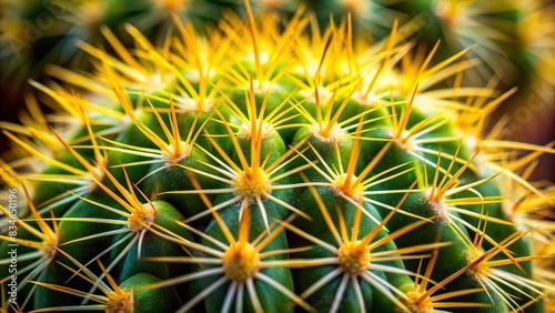 Exotic macro shot of cactus covered with thin yellow spines , succulent, desert plant, close-up, thorns, prickly, nature, botanical, sharp, colorful, vibrant, detail, texture, tropical
