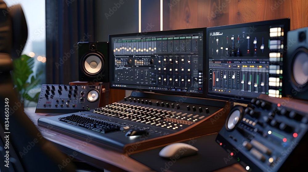 Studio Computer Music Station set up. Professional audio mixing console. 3d rendering Studio Computer Music Station set up. Professional audio mixing console. 3d rendering
