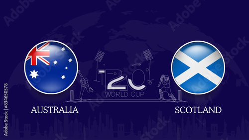 Australia vs Scotland flag, world map and building skyline use for t20 cricket world cup template banner design.