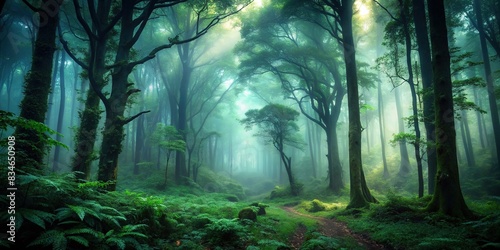 Dark forest with deep shade of mist and green with faint sunlight in background, mysterious, eerie, tranquil, nature, trees, foliage, foggy, mystical, atmospheric, dense, shadows, dim