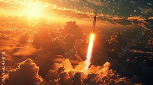 Powerful Rocket Launches into the Sky Leaving a Trail of Fire and Smoke as It Ascends into Space. Spectacular Display of Advanced Technology, Space Exploration, and Human Achievement.