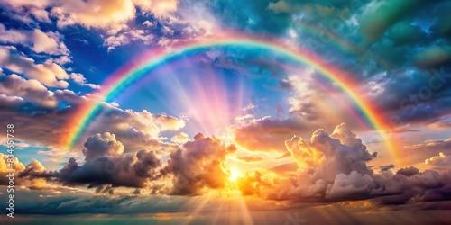 Midday sunlight beams through clouds casting a rainbow pastel gradient over a dramatic sky background  sky  sunlight  beams  rainbow  pastel  gradient  pale  orange  pink  purple  blue