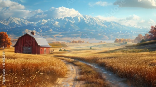 Charming 3D render depicting American Regionalism, featuring a pastoral scene of a rustic barn nestled among golden fields, with a winding country road and distant mountains, conveying the beauty of