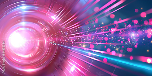 Futuristic abstract portal tunnel with vibrant neon waves and glare lights in pink, blue, and green. Dynamic data transfer concept in science style. High-speed motion ... See More 