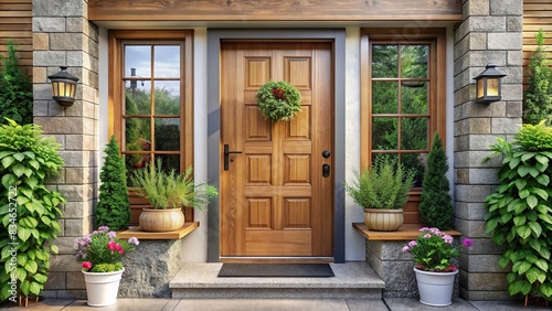 Modern farmhouse entrance door decorated with potted plants and a wooden door with glass , farmhouse, entrance, modern, potted plants, wooden door, glass, luxury, exterior, home, decor