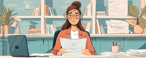 Teacher grading papers, flat design, front view, academic theme, cartoon drawing, complementary color scheme