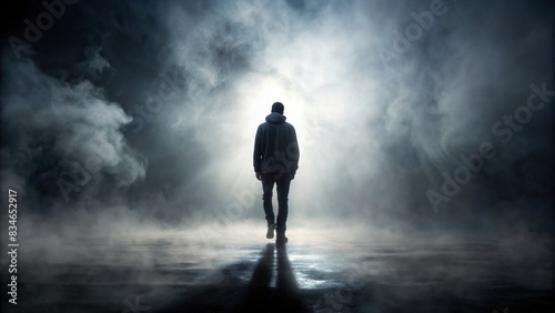 Silhouette of a person lost in fog, depicting depression and loneliness, silhouette, person, fog, depression, loneliness, alone, sad, emotion, gloomy, dark, isolated, mental health, despair