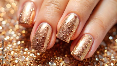 Sparkling rose gold manicure with glitter and rhinestones on a clean background  rose gold  manicure  nails  sparkly  glitter  rhinestones  glamorous  shiny  elegant  luxury  festive  beauty