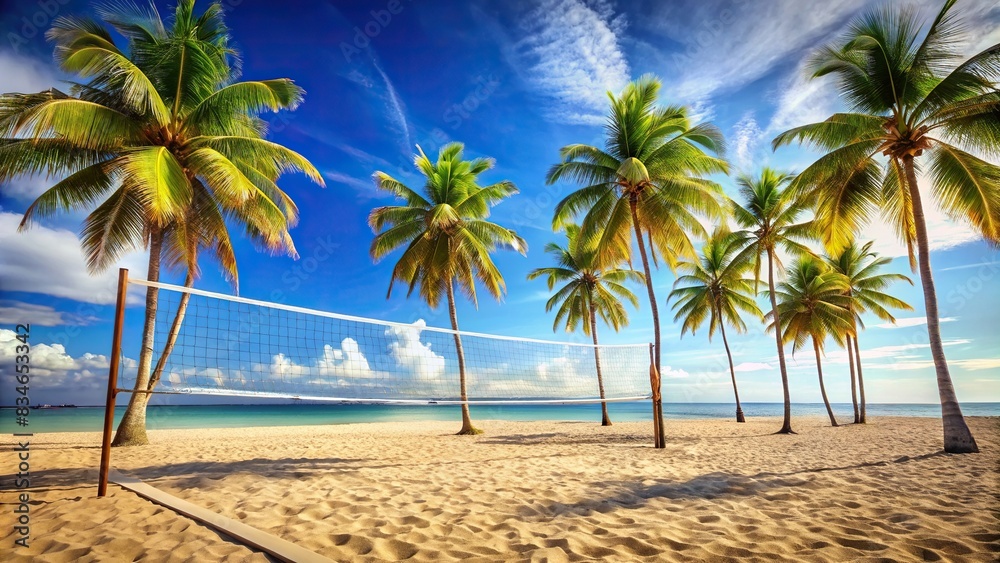 Tropical beach volleyball court with a net surrounded by palm trees and clear blue sky , summer, beach, sand, sports, volleyball, tropical, leisure, fun, friends, gathering, joyful, competition