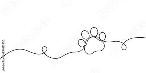 Paw print of a dog or cat. Black line animal prints isolated on white background. Footprint pet. Drawing a puppy mark. Cute hand draw canine paws. Continuous pattern line. Lineart. Vector illustration