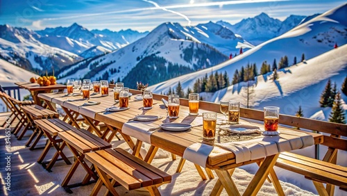 Empty apres ski party table on a snowy ski resort , festive, winter, celebration, ski resort, apres ski, drinks, cocktails, winter vacation, mountain, snowy, cozy, ski lodge photo