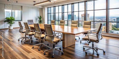 An office setting with a table surrounded by empty chairs  showcasing a collaboration and teamwork concept  business consulting  collaboration  teamwork  business people  suits  office  table