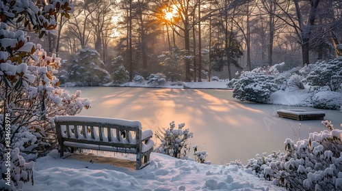 Snowy Backyard With Pond an...