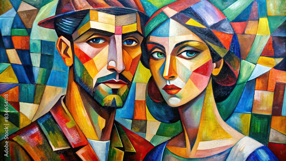 Abstract cubist painting of woman and man couple , cubism, art, abstract, painting, couple, man, woman, design, geometry, shapes, colorful, artistic, creative, background, modern