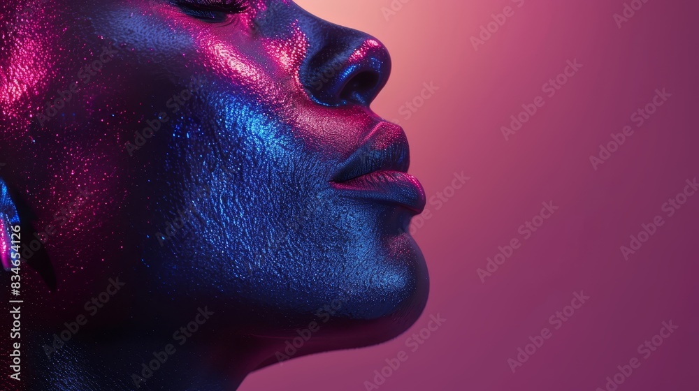 A tight shot of a woman's face adorned with blue and pink paint, accompanied by a pair of earrings dangling from her ears, set against a pink backdrop A tight shot of a woman's face adorned with blue and pink paint, accompanied by a pair of earrings dangling from her ears, set against a pink backdrop