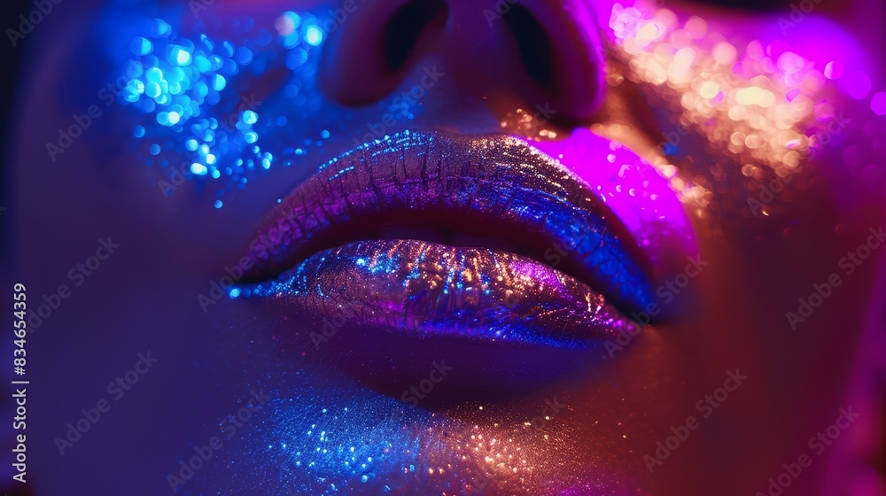 A tight shot of a woman's face, adorned with vivid blue and pink lights Her lips are generously coated in shimmering glitter, a captivating blend A tight shot of a woman's face, adorned with vivid blue and pink lights Her lips are generously coated in shimmering glitter, a captivating blend