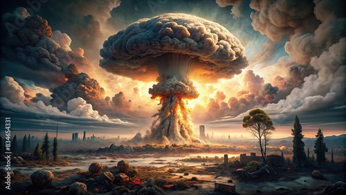 Mushroom cloud of a nuclear explosion in a post-apocalyptic landscape, fire, mushroom, nuclear, explosion, atomic, war, apocalypse, destruction, devastation, disaster, radiation, fallout photo