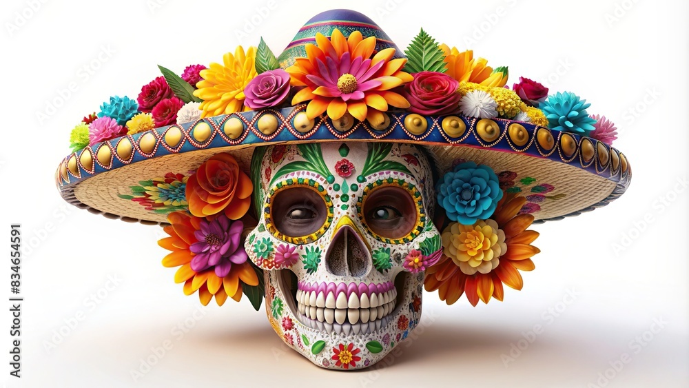 Cinco de Mayo inspired Mexican skull mascot with colorful floral decorations on a white background , Dia de los Muertos, celebration, tradition, holiday, culture, festive, decoration