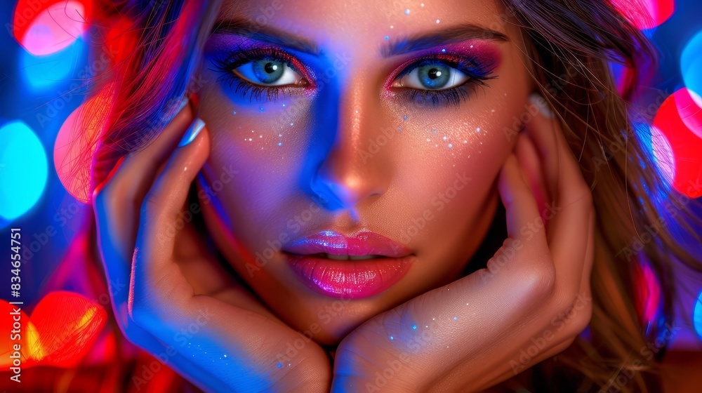 A woman's face, hands on cheeks, chin resting, one hand touching – bright lights behind A woman's face, hands on cheeks, chin resting, one hand touching – bright lights behind