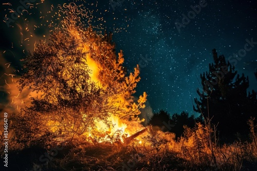 Bright yellow fire blazing against the night sky  AI-generated