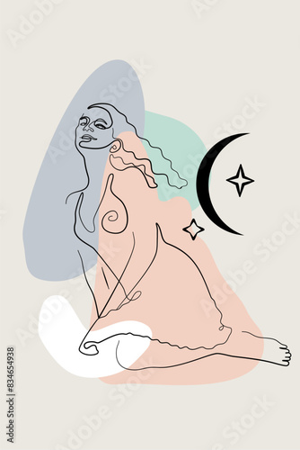 Card or poster with one single line drawing of female face and abstract shapes. Monochrome celestial minimalist portrait. Modern trendy fashion sketch of woman figure and moon (ID: 834654938)