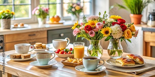 Close up of breakfast table in kitchen with two coffee mugs, plates of food, and a bouquet of flowers, kitchen, breakfast, table, coffee, mugs, plates, food, flowers, breakfast table, morning