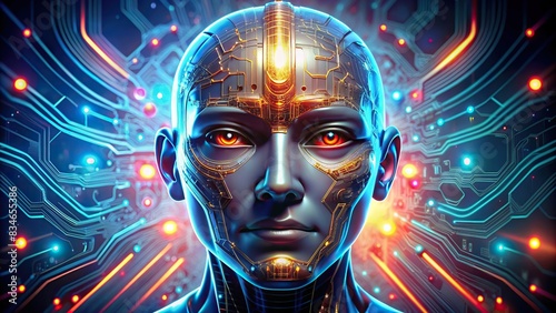 AI Kopf Futuristic robot head with glowing eyes and complex circuit patterns , Artificial Intelligence, Technology, Machine Learning, Robot, Cyborg, Digital, Futuristic, Innovation photo