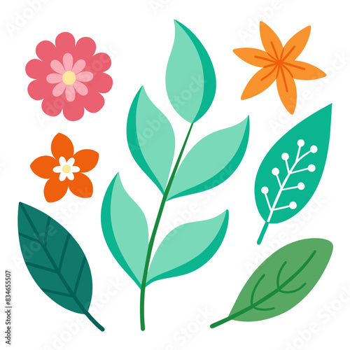 A composition of flowers and foliage against a plain white backdrop