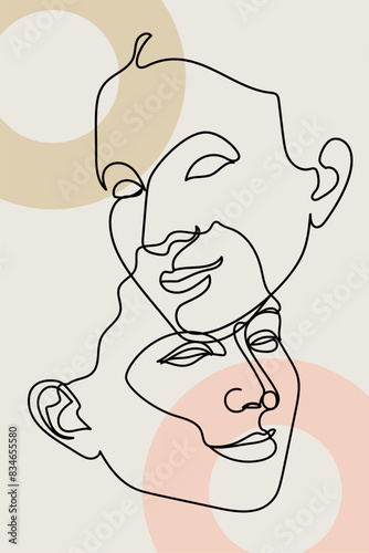 Card or poster with one single line drawing of female face and abstract shapes. Monochrome minimalist portrait. Modern trendy fashion sketch of woman head (ID: 834655580)