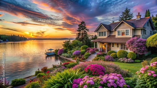 Serene waterfront home at sunset  framed by lush gardens of pink and purple flowers  waterfront  home  sunset  lush  gardens  pink  purple  flowers  serene  tranquil  calm  peaceful  nature