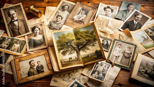 Vintage family tree exploration with old photographs, documents, and heirlooms , ancestry, genealogy, heritage, nostalgia, roots, vintage, history, family, memories, past, ancestry, lineage photo
