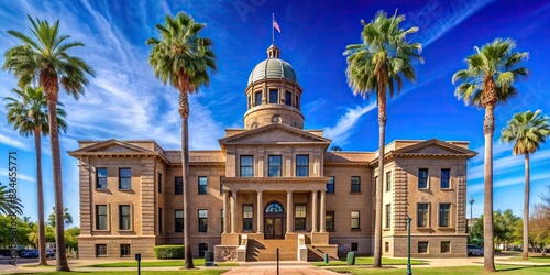 Historic Pinal County Courthouse in Florence, Arizona with blue sky and palm trees, historic, Pinal County Courthouse, Florence, Arizona, architecture, old, landmark, iconic, building photo