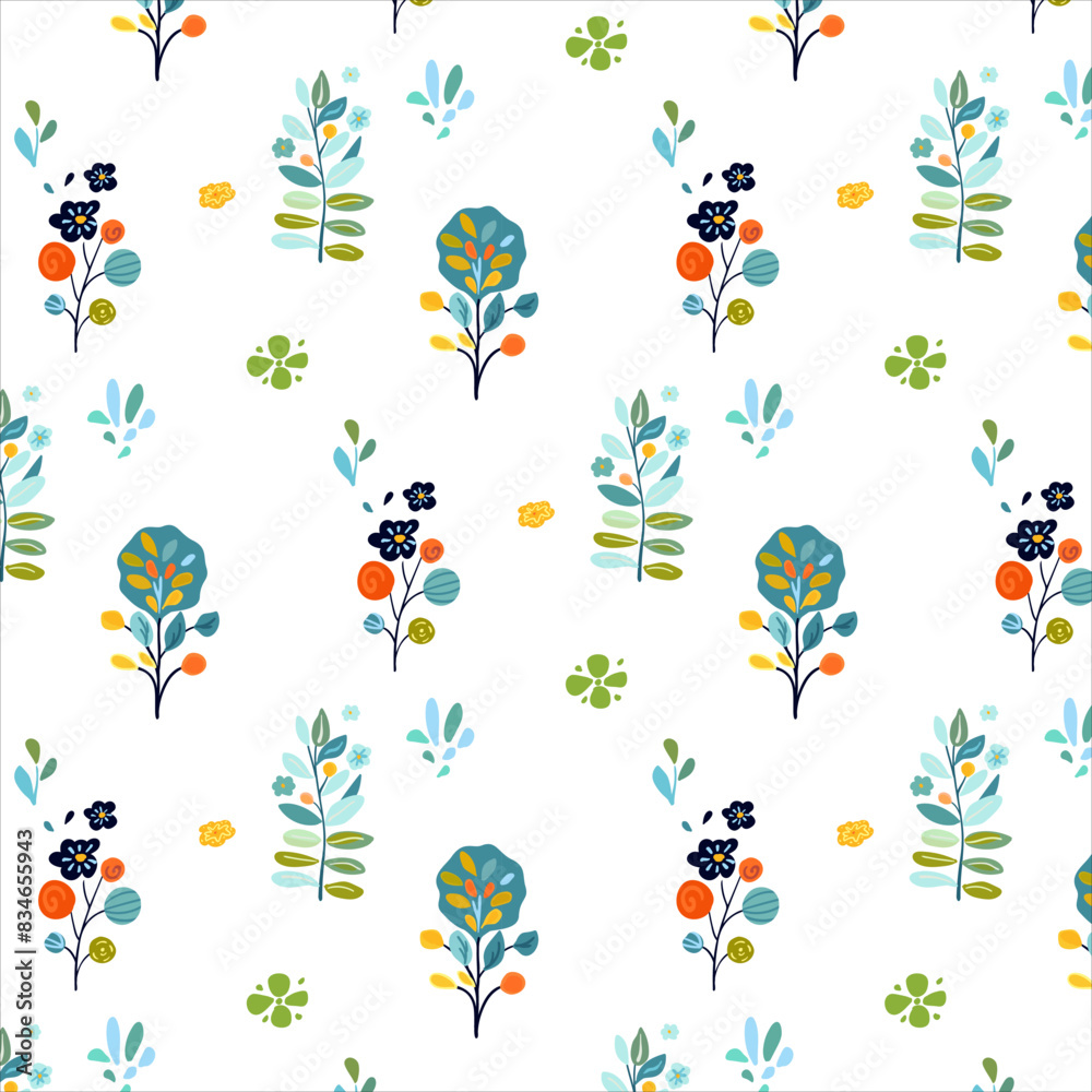 Charming seamless pattern featuring enchanting plants and flowers in bright, vibrant colors. Ideal for spring designs, textiles, and wallpapers. Captures a fresh and playful vibe with folk art