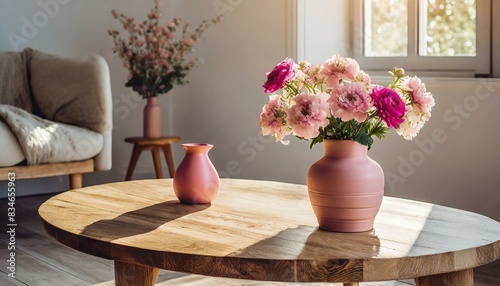 Cozy home interior with a beige wooden table and a pink vase basking in the warm sunlight, modern living room with flowers