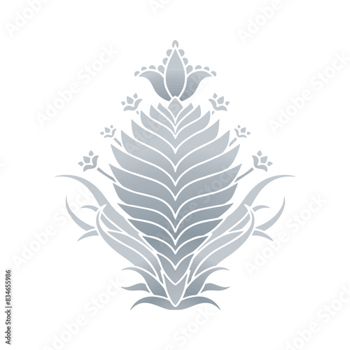 Hand drawn gray floral Damask motif isolated on white background. Abstract symmetric botanical decor. (ID: 834655986)
