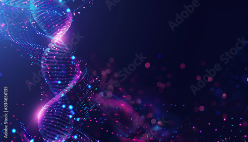 A glowing DNA strand is shown in a blurry, glowing image by AI generated image