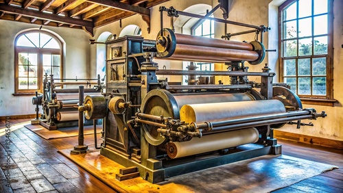 of a vintage polygraphy and printing press machine , retro, technology, machinery, equipment, vintage, industrial, mechanical, antique, printing, polygraphy, production, press photo