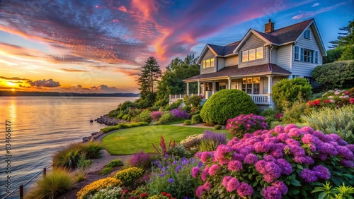 Serene waterfront home at sunset, framed by lush gardens of pink and purple flowers, waterfront, home, sunset, lush, gardens, pink, purple, flowers, serene, tranquil, calm, peaceful, nature #834656177
