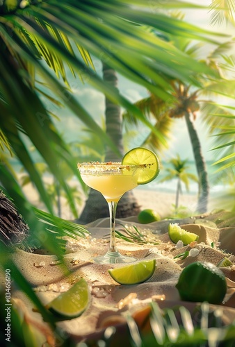 Create an ultrarealistic photograph of the iconic Mexican margarita cocktail, sitting on a tropical beach with palm trees in background photo